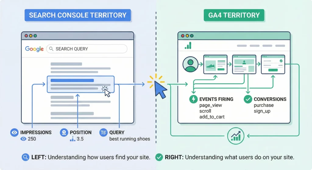 Search Console and GA4 coverage diagram showing Search Console captures pre-click search data while GA4 tracks post-click website behaviour
