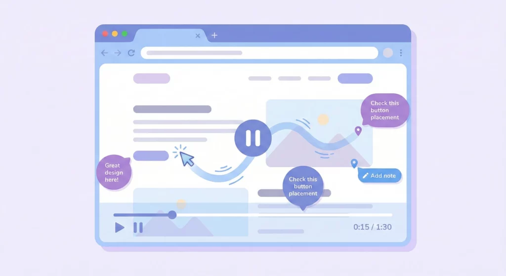 Illustration of a session recording playback interface showing a user's cursor path and interactions on a webpage with timeline controls and annotation capabilities