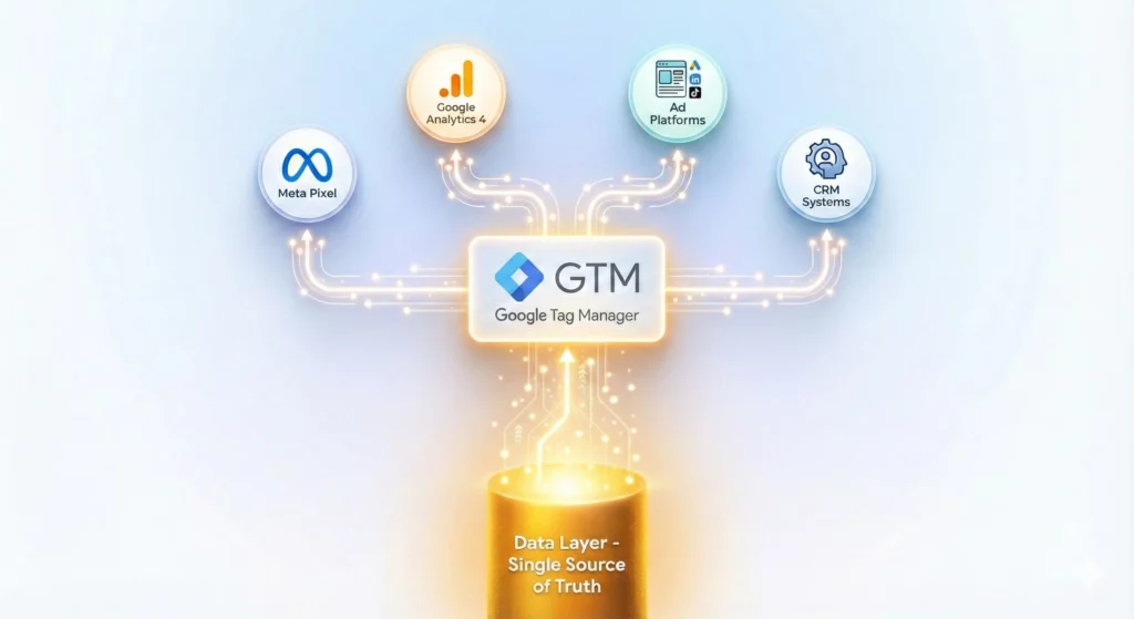 Diagram illustrating the single source of truth concept with a centralized data layer distributing consistent data to Meta Pixel, GA4, and other marketing platforms