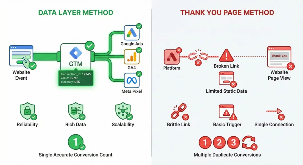 Visual comparison between the reliable Data Layer method with accurate single conversion counting versus the unreliable Thank You Page method that creates duplicate conversions on page reloads