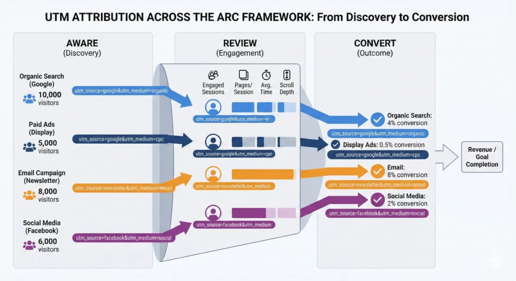 UTM parameters enabling funnel analysis by connecting Aware stage traffic sources through Review engagement to Convert outcomes with attribution intact