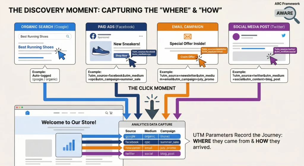 UTM parameters capturing discovery source and method as users click from various marketing channels including search, ads, email, and social media