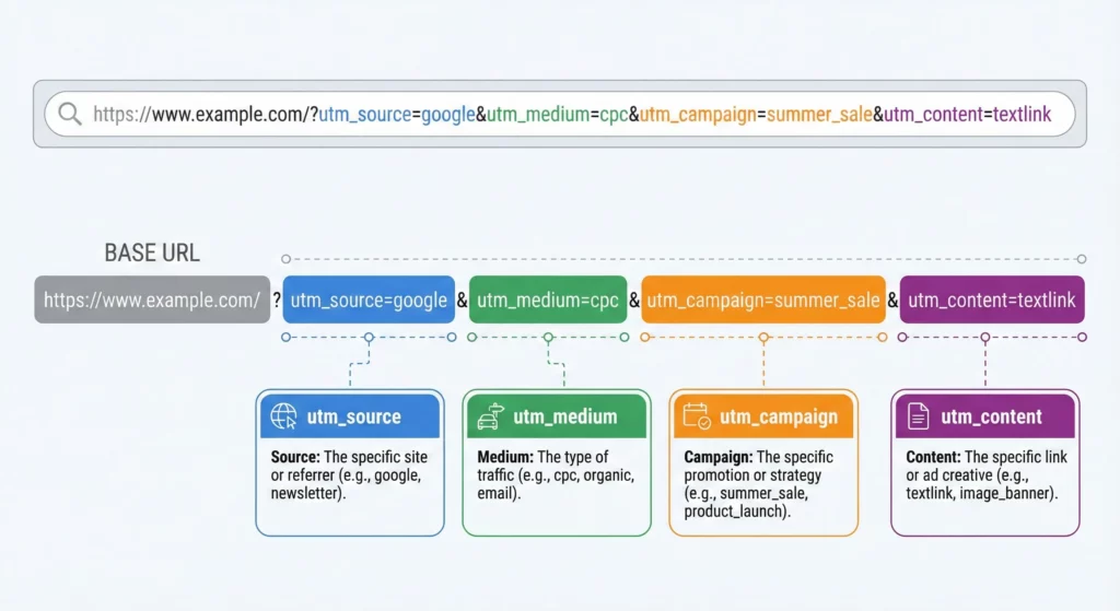 UTM parameter structure diagram showing how URL tags identify traffic source, medium, campaign, and content