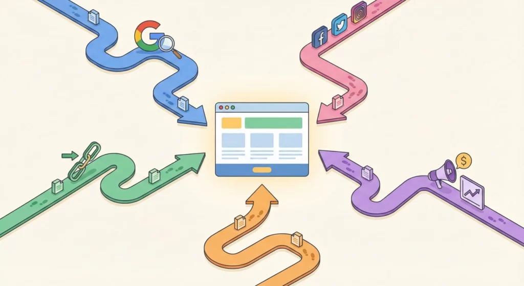 Illustration showing five different traffic sources (organic search, social media, referrals, paid ads, and direct) as pathways leading to a central website