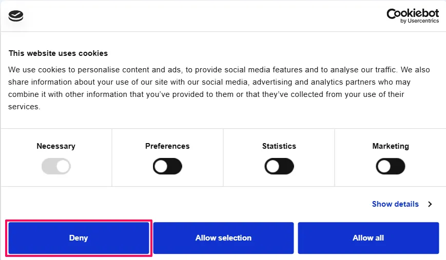 Screenshot of Cookiebot banner with Deny highlighted