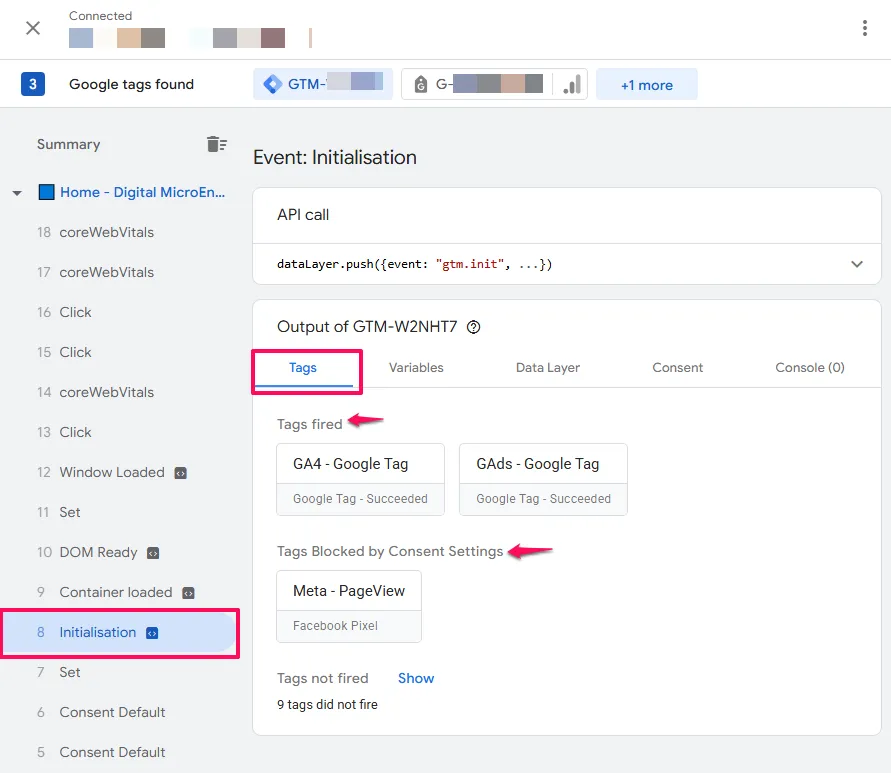 Screenshot of Tag Assistant with Initialisation selected on the event timeline and the Tags tab selected showing Tags fired having a GA4 Tag and a Google Ads tag. While Tags Blocked by Consent Settings has a Meta PageView tag.
