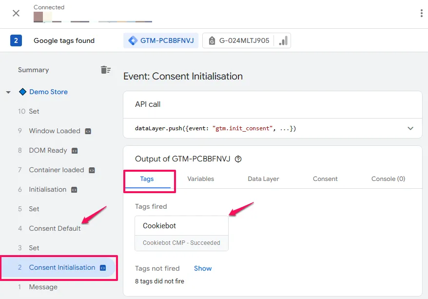 Screenshot of Google Tag Manager Tag Assistant preview mode showing the event timeline with Consent Initialisation selected and the Cookiebot tag in the Tags fired section of the Tags tab