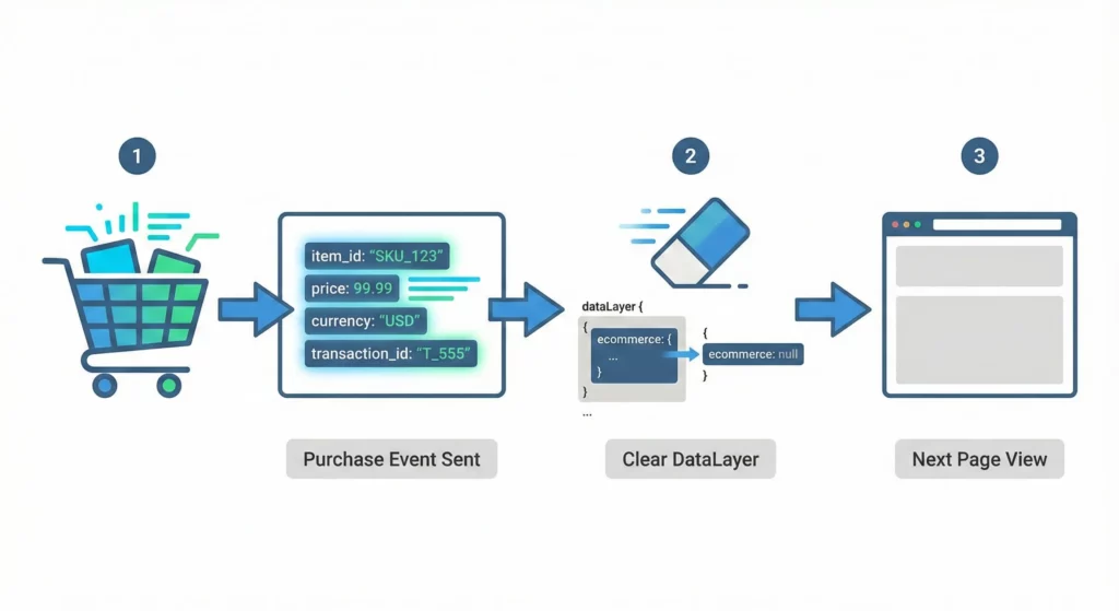 Three-stage diagram showing ecommerce data lifecycle: sending purchase event, clearing dataLayer, and clean next page view