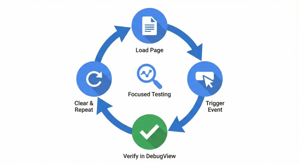 Circular workflow diagram showing focused testing process: load page, trigger event, verify in DebugView, clear and repeat