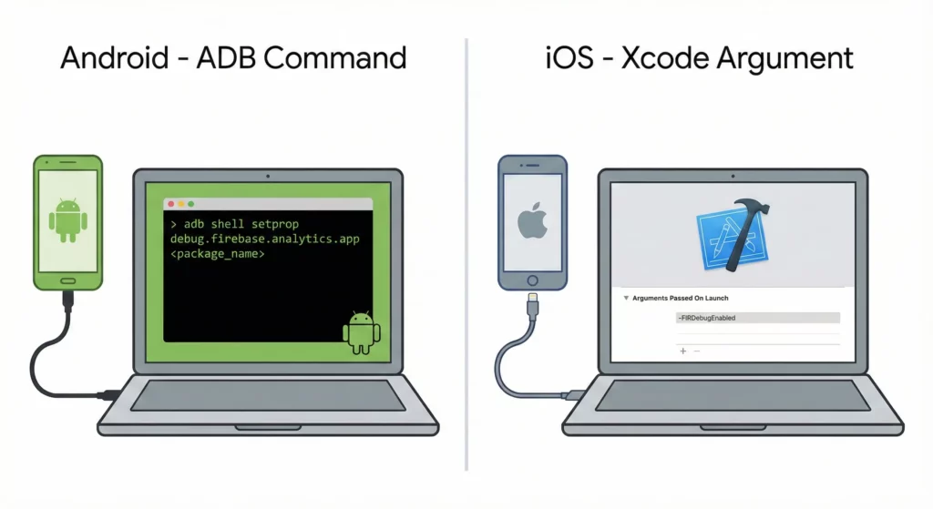 Illustration showing mobile debug mode setup methods: Android using ADB commands and iOS using Xcode launch arguments