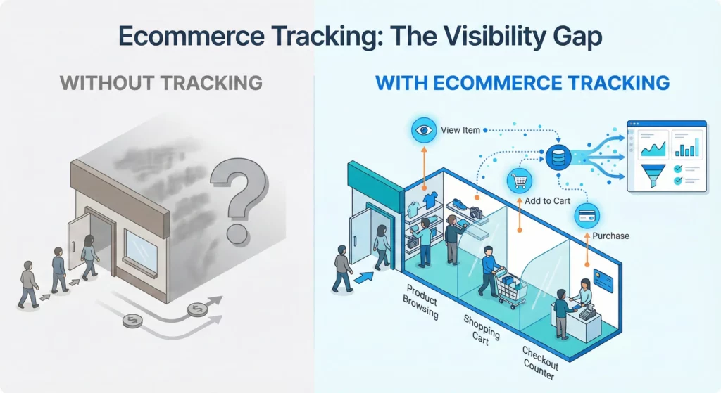 Comparison showing businesses without ecommerce tracking seeing only traffic and revenue versus complete visibility of customer journey with proper tracking implementation