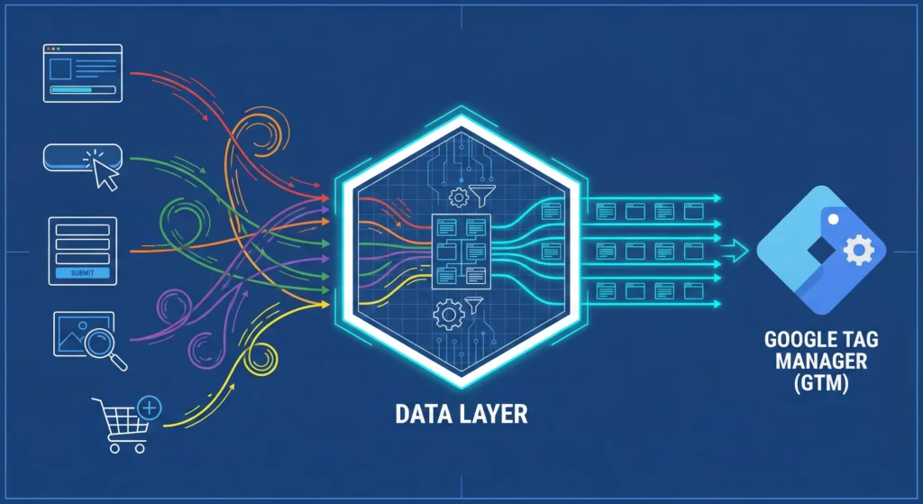 Technical diagram showing Data Layer as central hub standardizing messy website events into clean, structured data that GTM can read and process