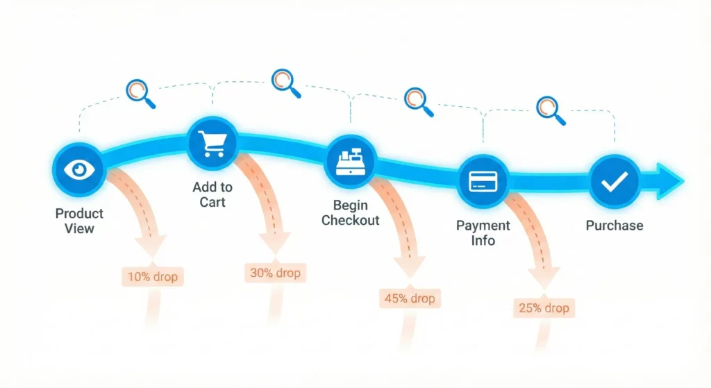 Customer journey flowchart showing five key decision points from product view to purchase, with drop-off indicators revealing where potential customers abandon the process
