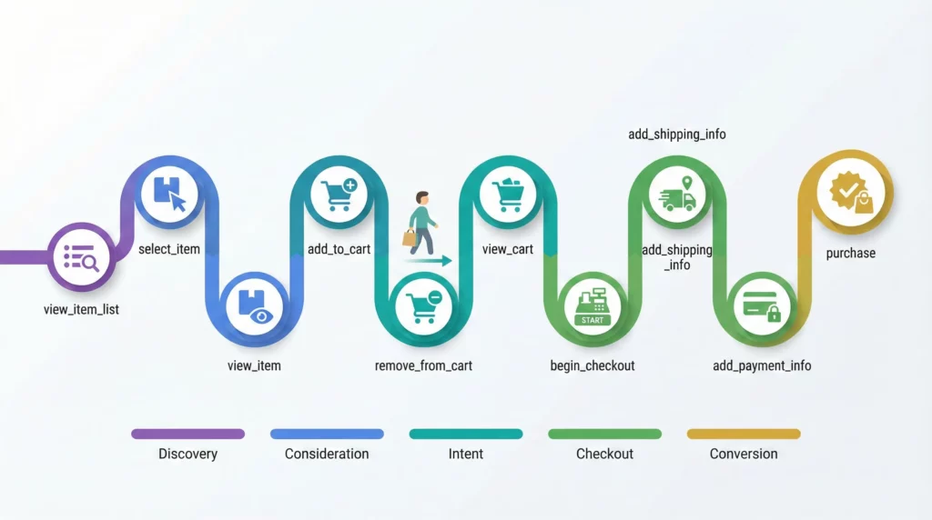 Complete customer journey timeline showing all ten GA4 ecommerce events from product discovery through purchase completion, color-coded by stage