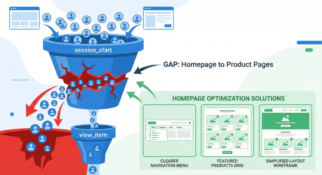 Funnel visualization showing massive user drop-off between site landing and product viewing, indicating homepage navigation or clarity issues