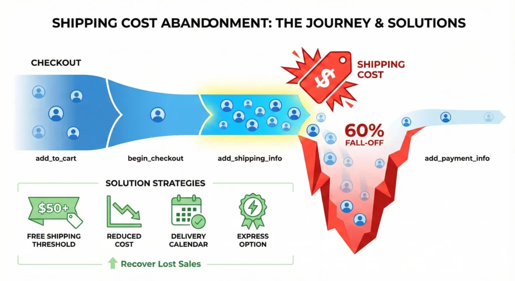 Checkout funnel showing dramatic 60% drop-off after shipping cost revelation with solutions including free shipping thresholds and delivery expectations