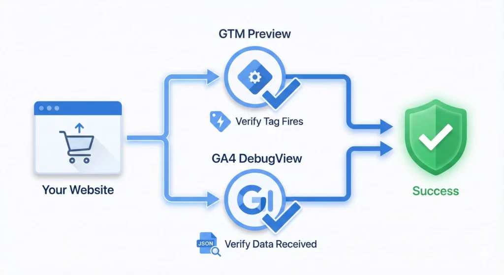 Two-stage verification flowchart showing GTM Preview confirming tag fires and GA4 DebugView confirming data receipt for complete tracking validation