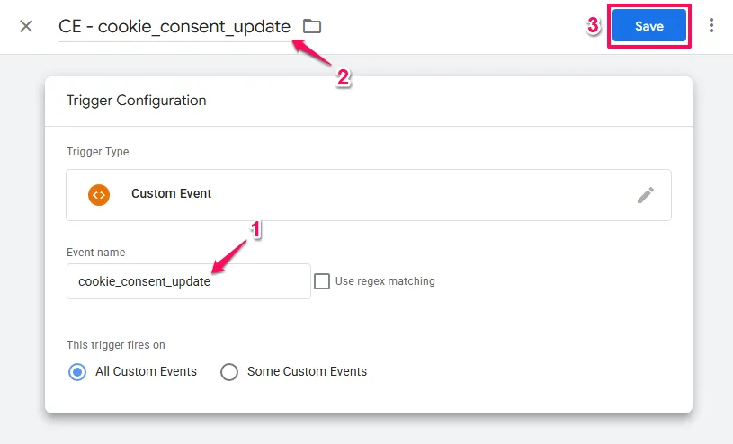 Google Tag Manager custom event trigger configuration for cookie_consent_update event, which fires when Cookiebot updates the consent state