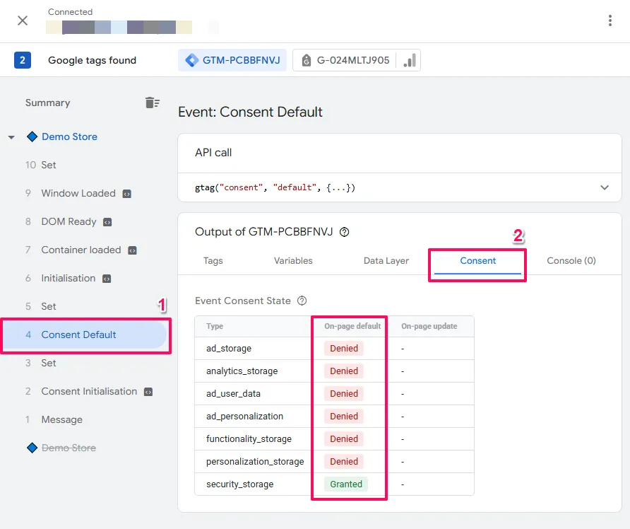 Tag Assistant Consent tab showing On-page Default column with all four consent parameters (ad_storage, analytics_storage, ad_user_data, ad_personalization) set to Denied before user interaction