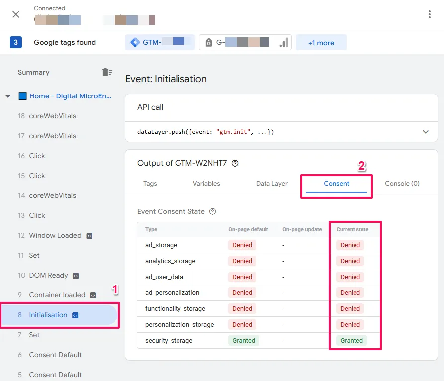 Screenshot of Tag Assistant with Initialisation selected on the event timeline and the Current state column with all four consent parameters (ad_storage, analytics_storage, ad_user_data, ad_personalization) set to Denied
