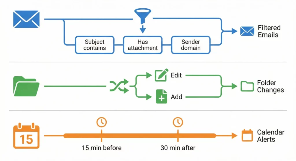 Advanced event monitoring capabilities showing granular email filtering, file event distinction, and calendar context triggers