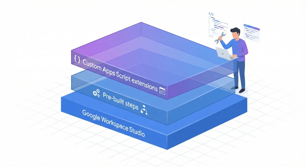 Extensibility layers showing how Apps Script extensions allow custom steps to be built on top of Google Workspace Studio's foundation