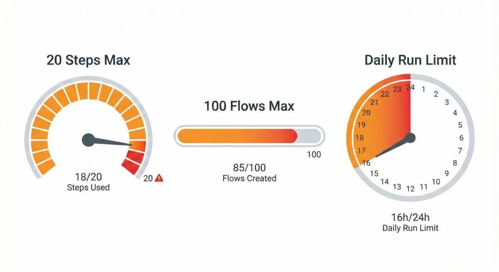Capacity quota visualizations showing 20-step maximum, 100-flow limit, and daily run restrictions as gauges