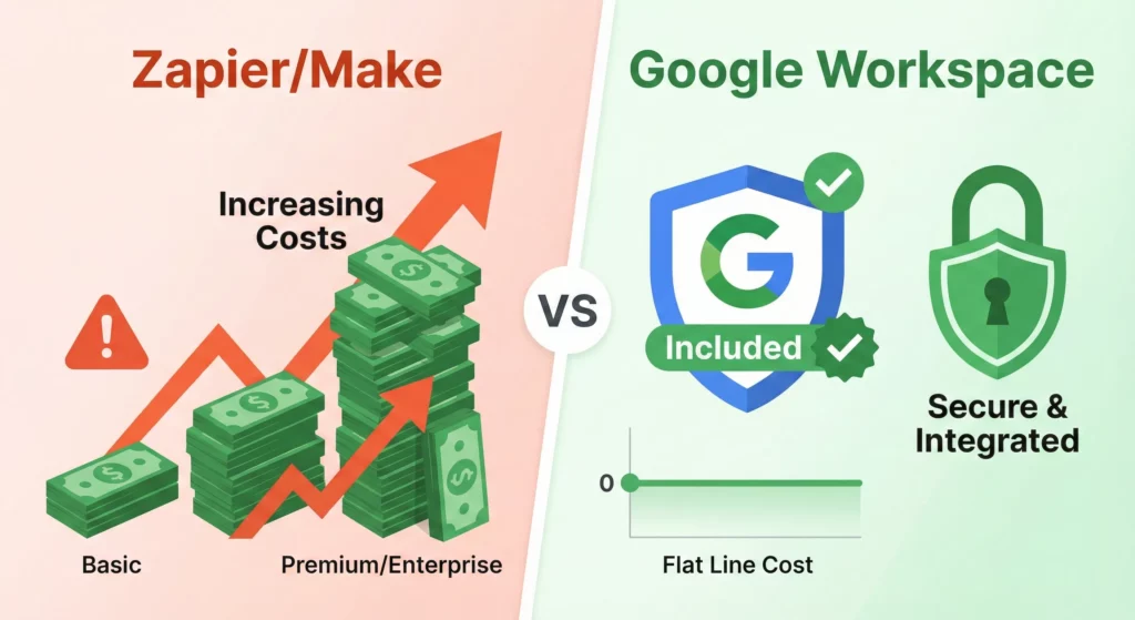 Cost comparison showing third-party automation tools with usage-based pricing versus Google Workspace Studio included in subscription with security benefits