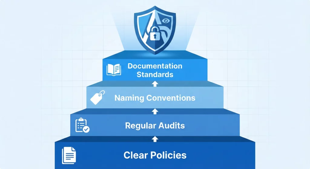 Governance framework pyramid showing foundational policies, audits, naming conventions, and documentation standards for Google Workspace Studio