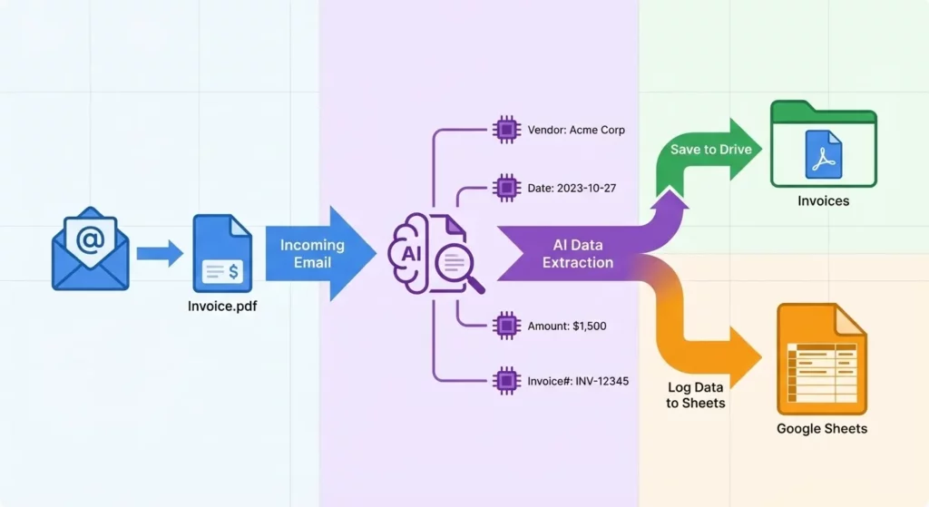 Invoice Bot automation showing PDF invoice extraction, Drive storage, and spreadsheet logging in parallel processes