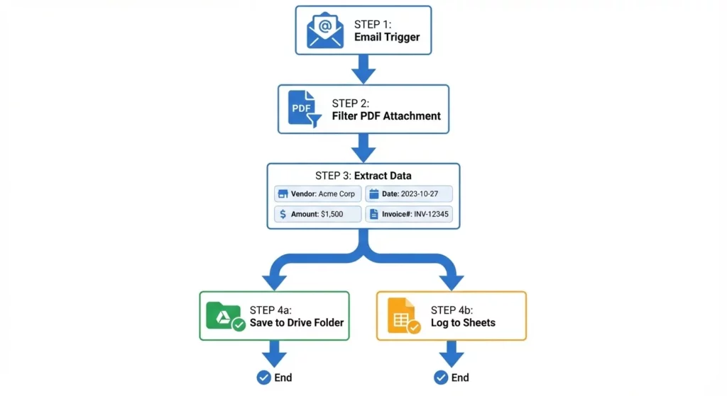 Invoice Bot flow diagram showing email trigger, PDF filtering, data extraction, and parallel saving to Drive and Sheets