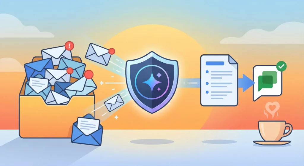 Conceptual illustration of Morning Briefing AI agent sorting cluttered inbox and delivering organized summary to Google Chat