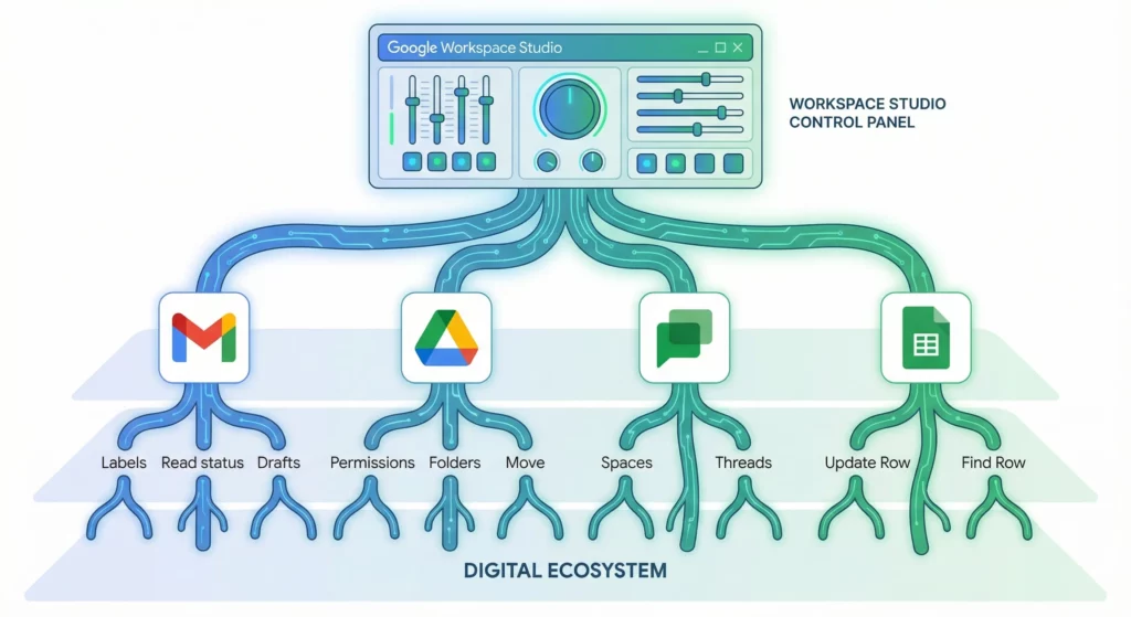 Native integration diagram showing Google Workspace Studio's deep access to Gmail, Drive, Chat, and Sheets capabilities