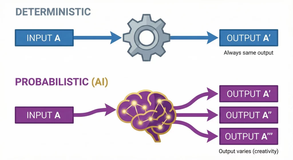 Comparison between deterministic code producing identical outputs versus probabilistic AI producing varied but semantically equivalent results