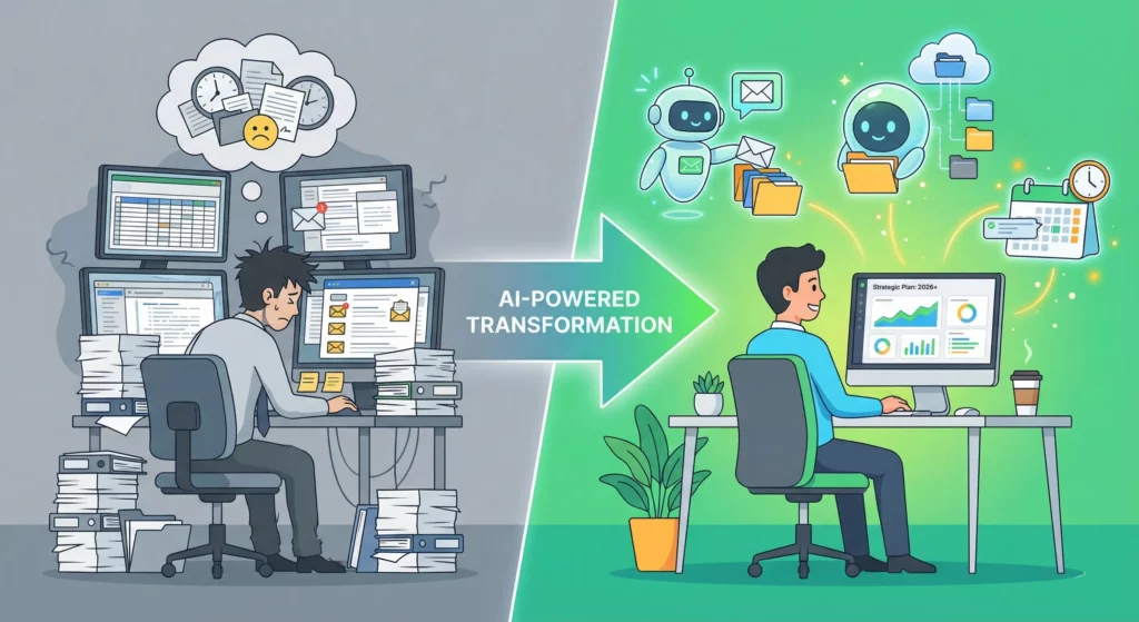"Transformation illustration showing office worker moving from overwhelmed manual task management to focused strategic work enabled by AI agents