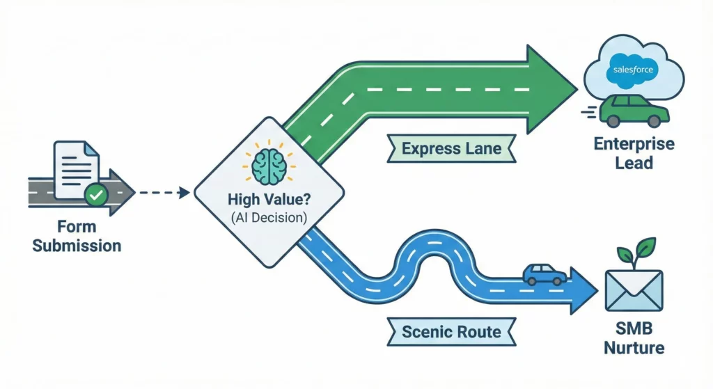 Sales Lead Router showing AI-powered qualification routing high-value leads to Salesforce and low-value leads to nurture campaigns