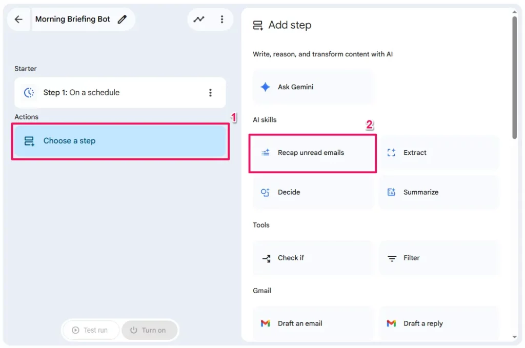 Screenshot of adding a step showing Choose a Step and Recap unread email highlighted