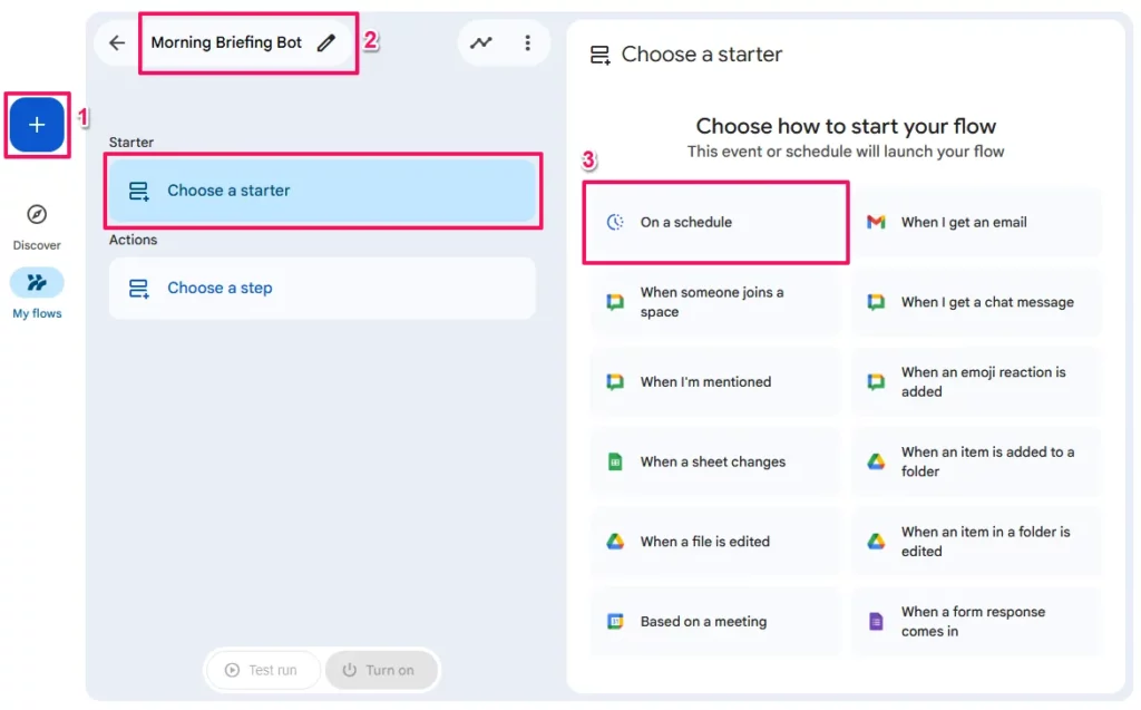 Screenshot of creating a new flow, showing Choose a starter with On a schedule highlighted.