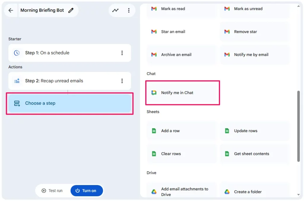 Screenshot showing Notify me in Chat highlighted in Add Step section