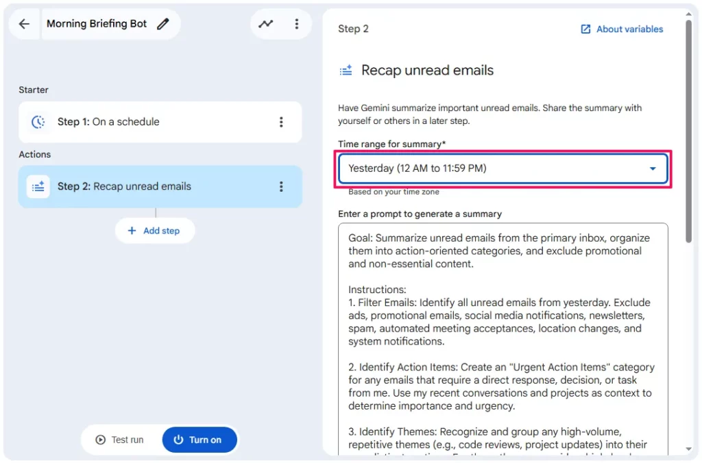 Screenshot of configuring Recap unread emails step showing Time range for summary highlighted