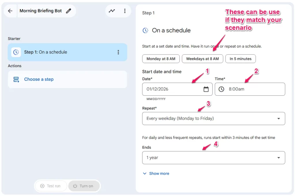 Screenshot of On a schedule starter configuration. Showing setting the Data, Time, Repeat and Ends