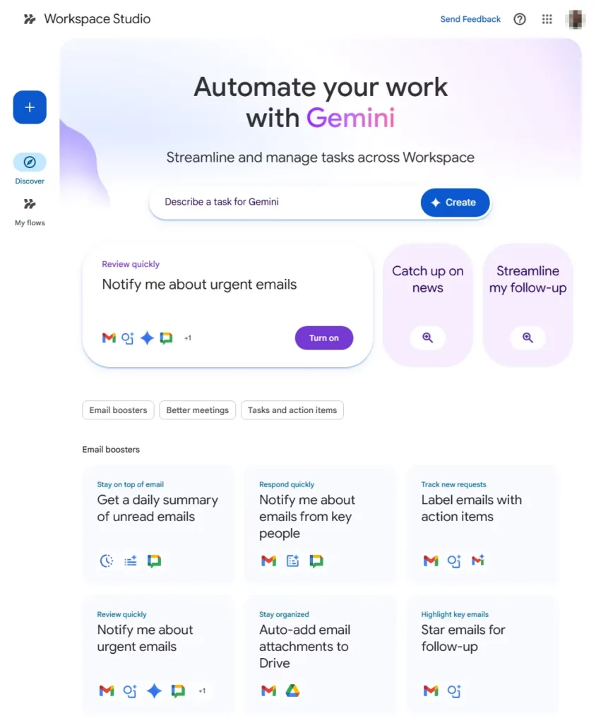 Screenshot of Workspace Studio Discover page showing the natural language input field and template gallery organized by business role