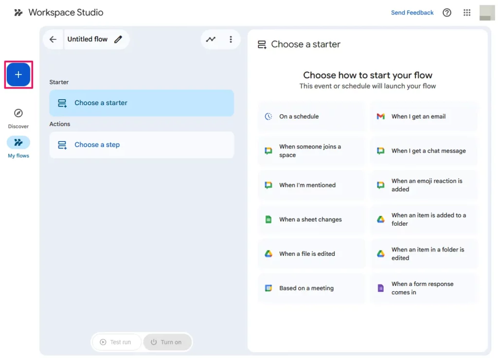 Screenshot of Flow Builder interface showing vertical timeline, step addition controls, and configuration sidebar