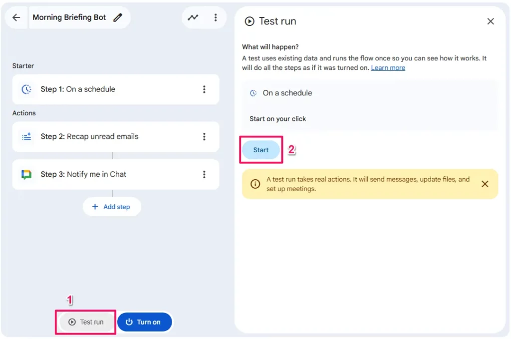 Screenshot showing how to start a test run. Shows the Test run button to the bottom of the flow highlights and the Test run panel on the right showing the Start button highlighted