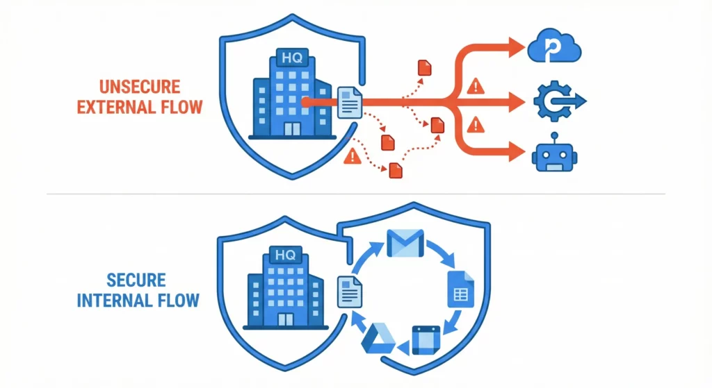 Diagram illustrating how Shadow IT tools move data outside corporate security boundaries versus keeping automation within Google Workspace's secure perimeter