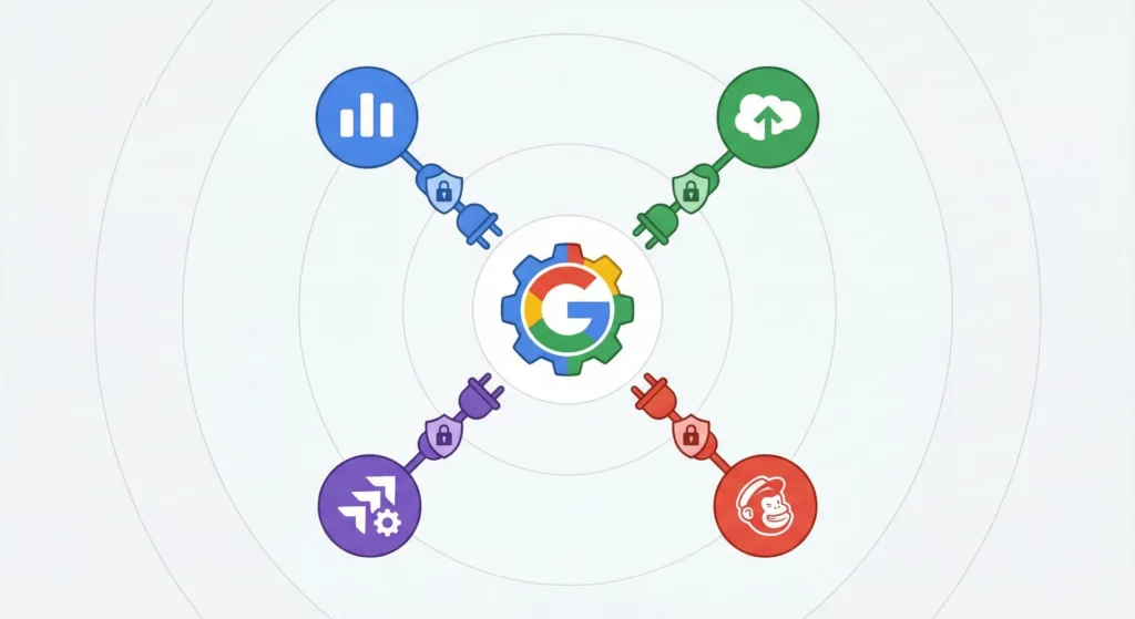 Third-party integration connectors showing Google Workspace Studio connecting to Asana, Jira, Mailchimp, and Salesforce via OAuth authentication