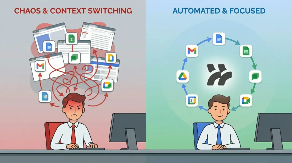 Comparison showing the mental burden of switching between multiple AI tools versus unified automation in Google Workspace Studio