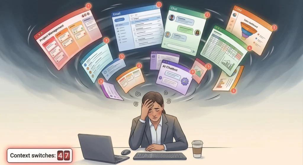 Illustration depicting toggle tax - a professional overwhelmed by constantly switching between multiple application windows causing mental fatigue