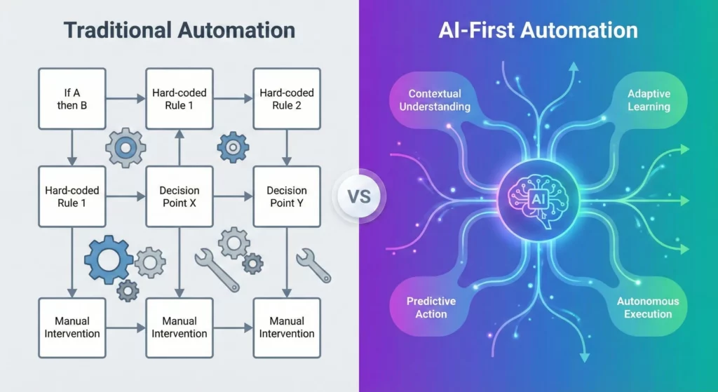 Side-by-side comparison showing rigid traditional automation with hard-coded rules versus flexible AI-first automation with intelligent decision-making