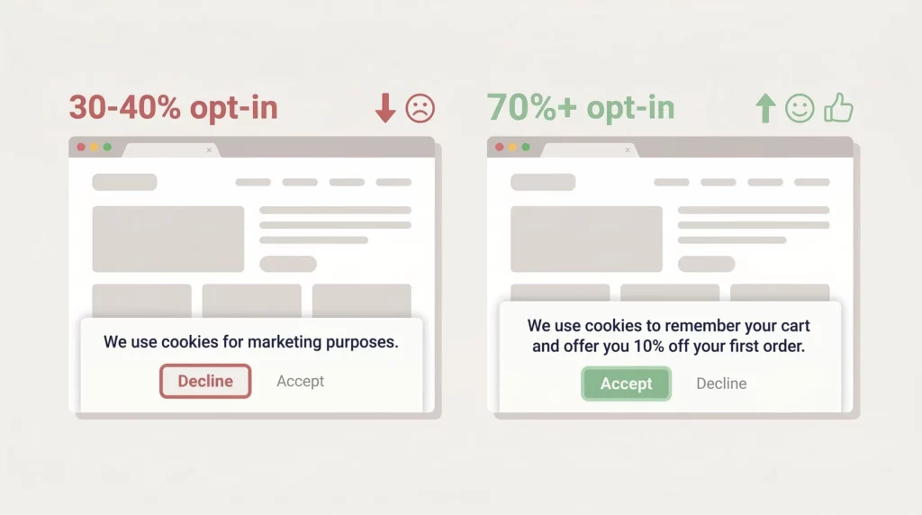 Two consent banner designs side by side, one vague and poorly worded achieving low opt-in, one clear and value-led achieving high opt-in